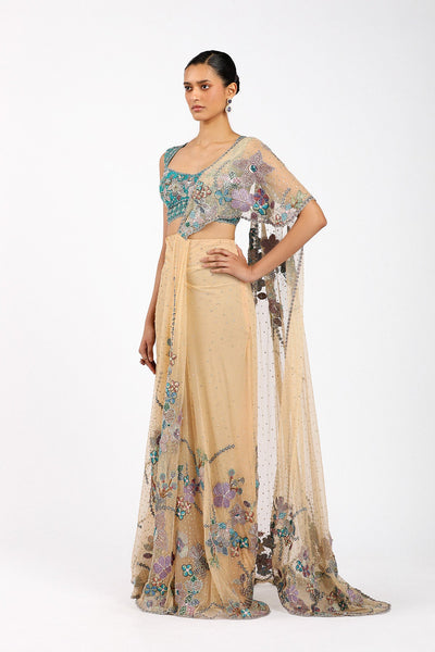 Stélla - Bisque Tulle Net Pre Draped Saree Set-RTS