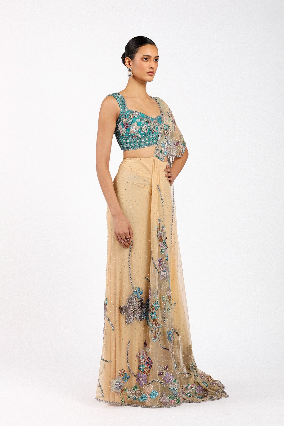 Stélla - Bisque Tulle Net Pre Draped Saree Set-RTS