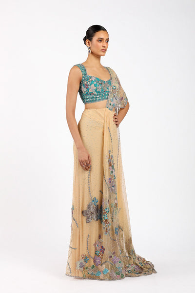Stélla - Bisque Tulle Net Pre Draped Saree Set-RTS