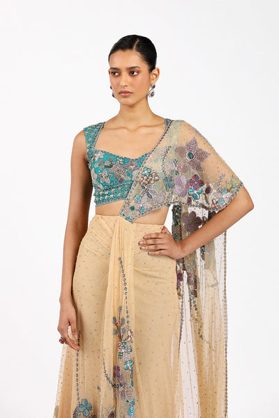 Stélla - Bisque Tulle Net Pre Draped Saree Set-RTS