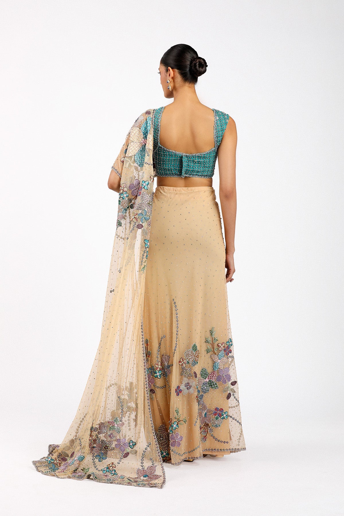 Stélla - Bisque Tulle Net Pre Draped Saree Set-RTS