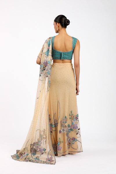 Stélla - Bisque Tulle Net Pre Draped Saree Set-RTS