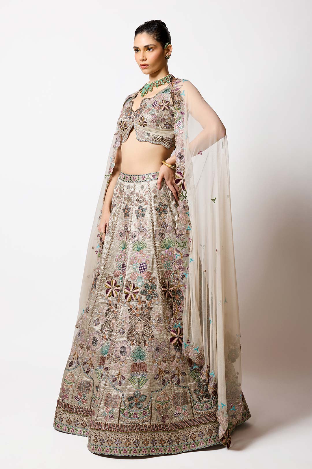 Pluvina - Silver -Gold Banarasi Tissue Brocade Lehenga Set-RTS