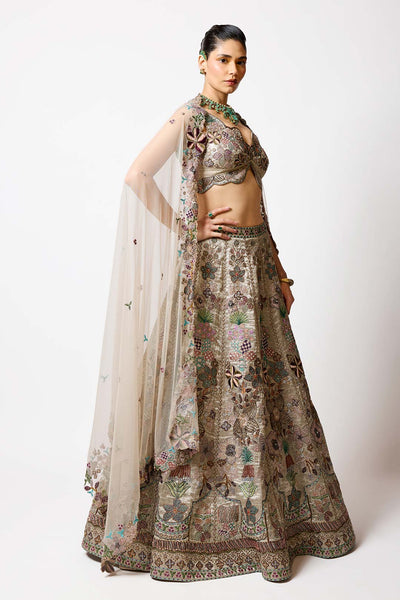 Pluvina - Silver -Gold Banarasi Tissue Brocade Lehenga Set-RTS