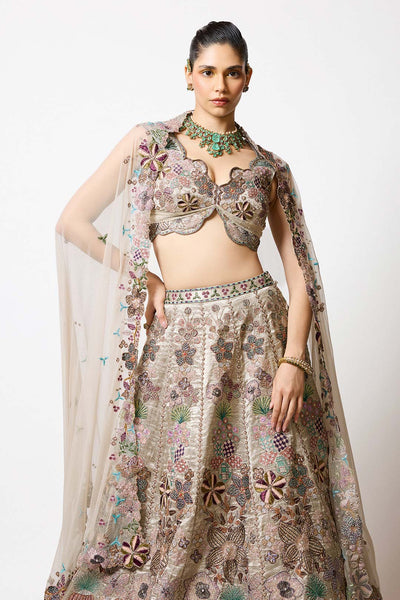 Pluvina - Silver -Gold Banarasi Tissue Brocade Lehenga Set-RTS