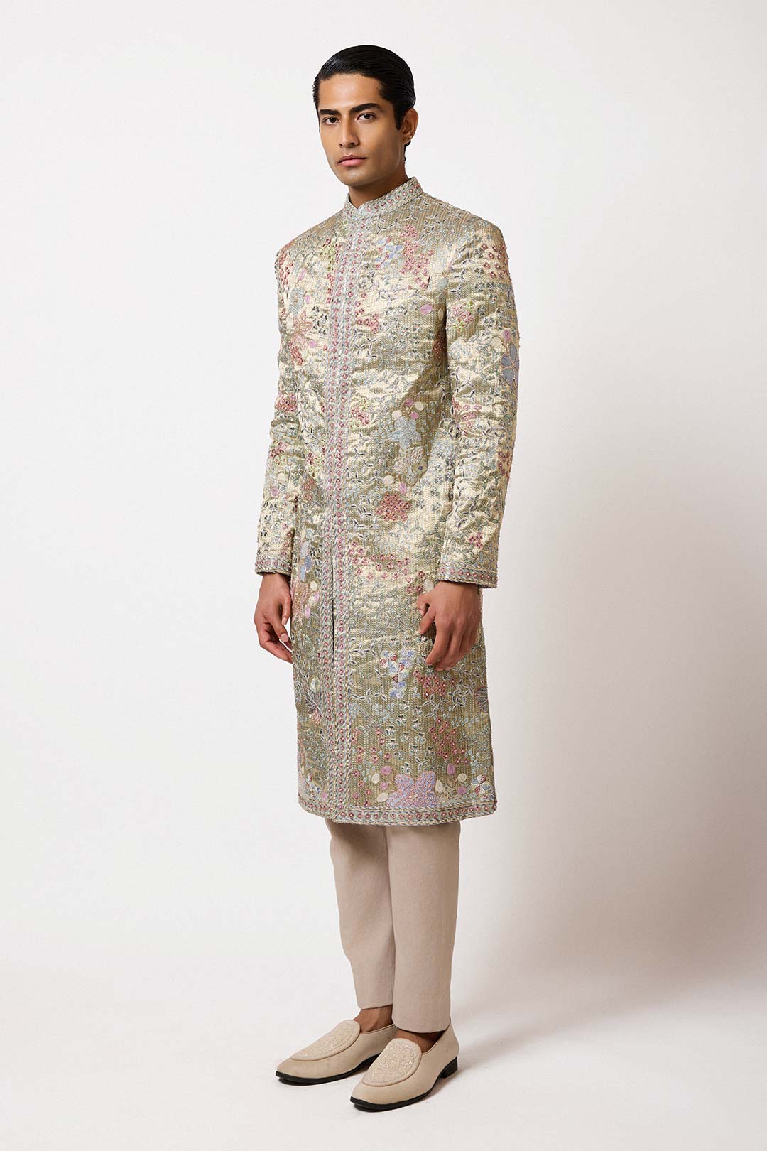 Woman wearing Aisha Rao blue pearl tissue lehenga front view