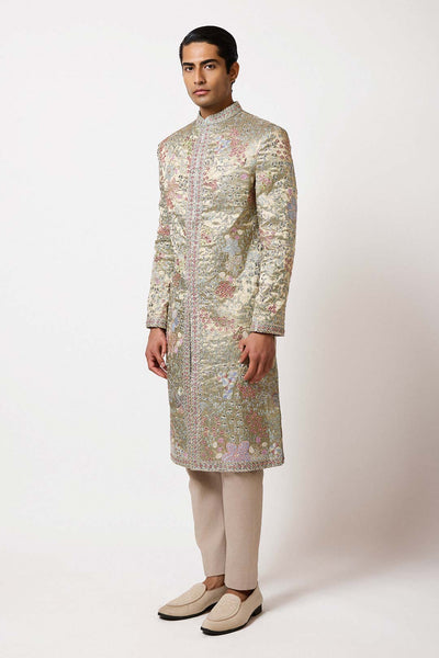 Woman wearing Aisha Rao blue pearl tissue lehenga front view