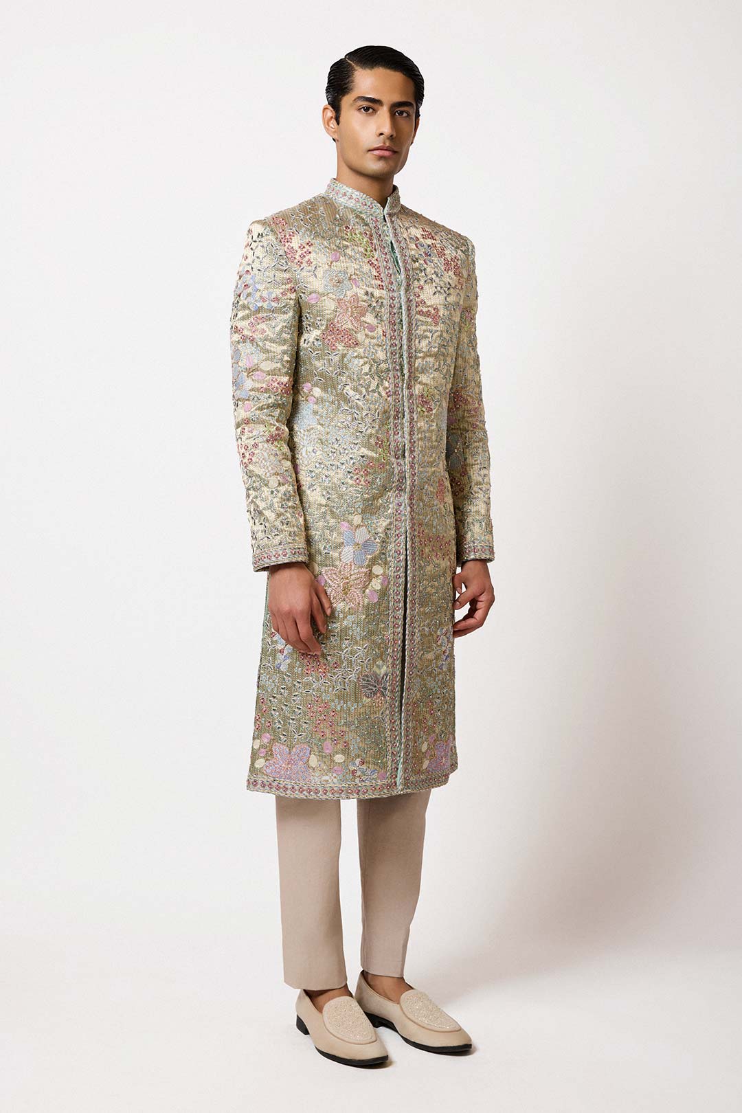 Right side view of Aisha Rao blue embellished lehenga