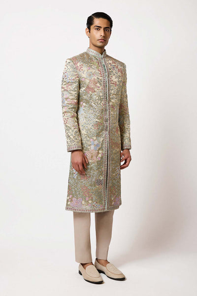 Right side view of Aisha Rao blue embellished lehenga