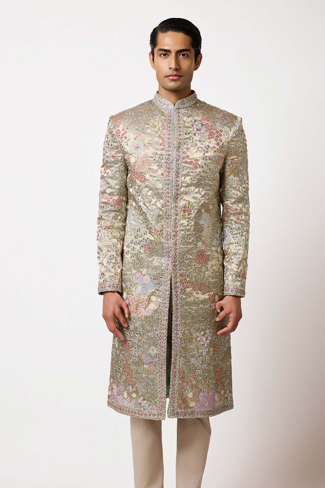 Left side view of blue pearl lehenga by Aisha Rao