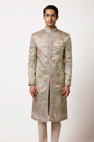 Left side view of blue pearl lehenga by Aisha Rao