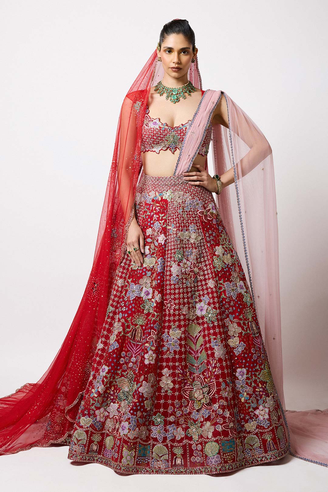 Woman wearing Aisha Rao Matilda Red Applique Embellished Tulle Net 3D Flower Detail