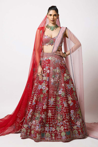 Woman wearing Aisha Rao Matilda Red Applique Embellished Tulle Net 3D Flower Detail