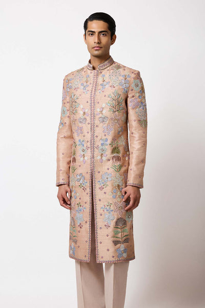 Raw silk sherwani front panel and buttons close-up view