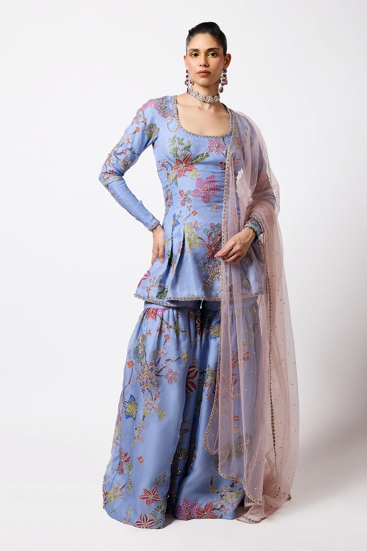 Woman wearing Aisha Rao Matilda Cornflower Blue Printed Embellished Organzainverted