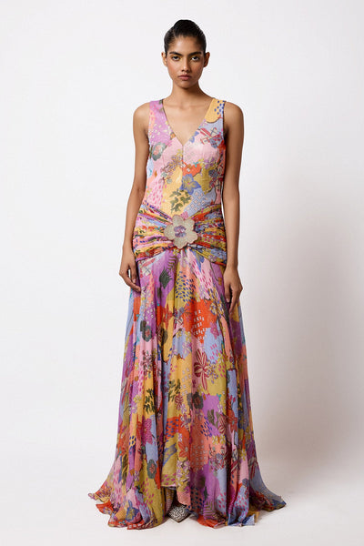 Woman wearing Aisha Rao Matilda Multicolour Printed Lurex Ruched With Embellished