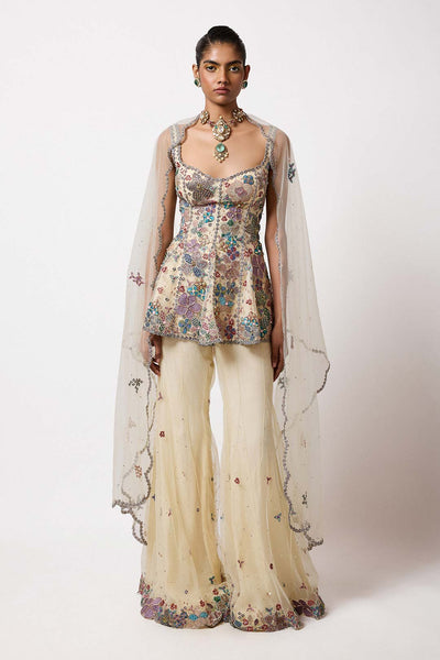 Woman wearing Aisha Rao Matilda Ivory Applique Embellished Net Short Panelled Kurta