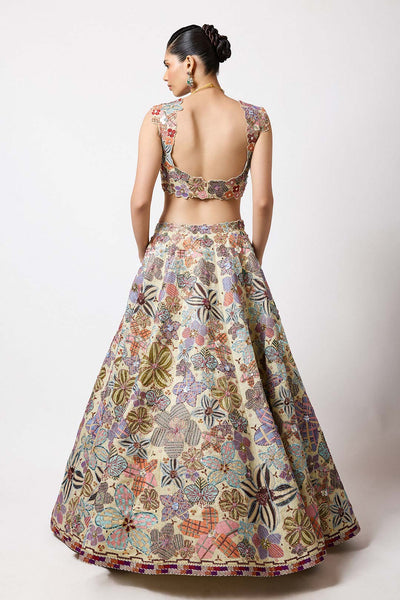 Cyanora - Ivory Kasab Satin Big Flower Lehenga Set-RTS