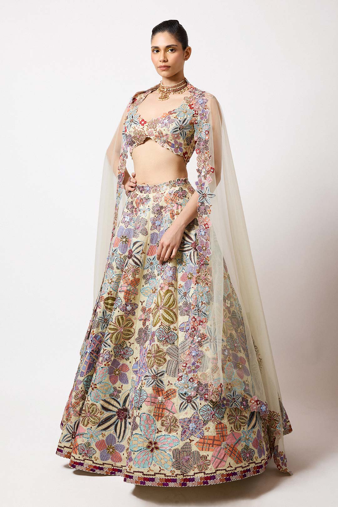 Cyanora - Ivory Kasab Satin Big Flower Lehenga Set-RTS