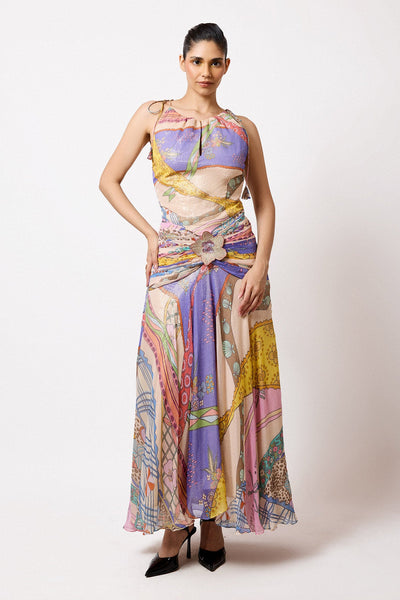 Woman wearing Aisha Rao Matilda Multicolour Ribbon Printed Lurex Haulter Ruched