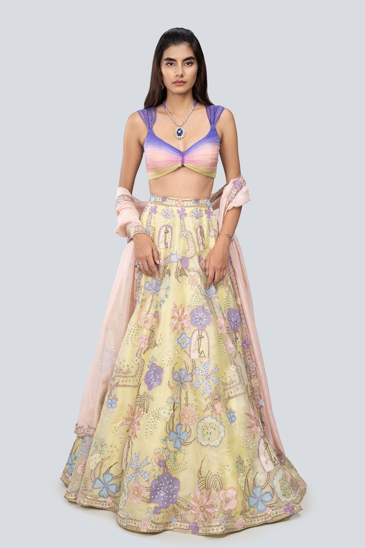 Front view of Canary Lime satin organza lehenga set.