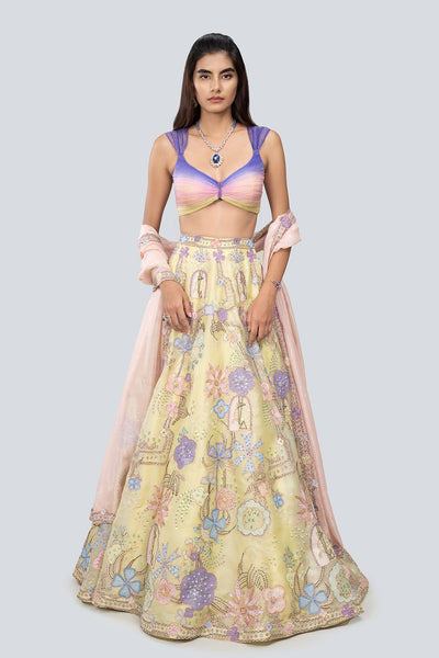 Front view of Canary Lime satin organza lehenga set.