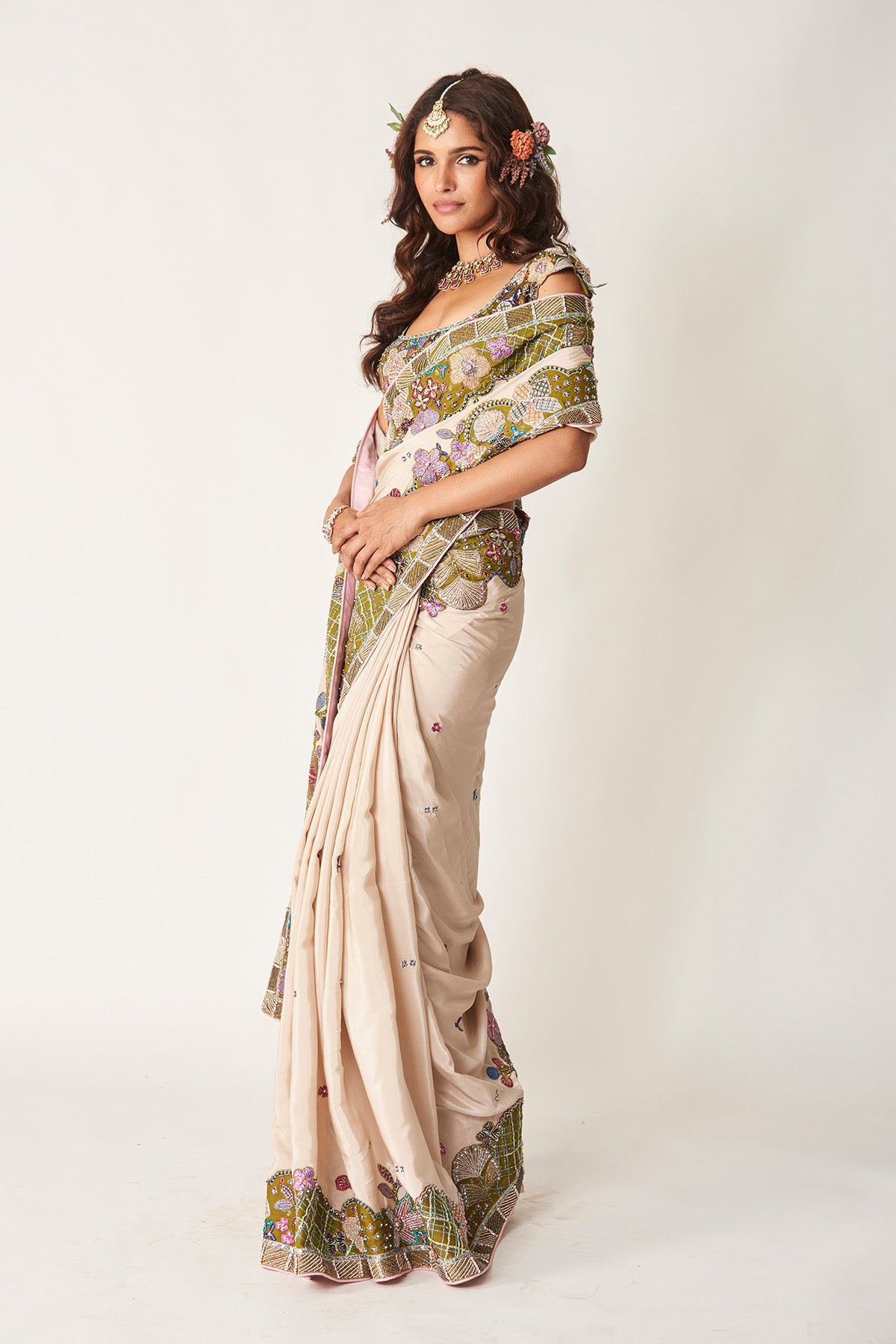 Shinora - Ivory Olive Mulberry Crepe Saree Set-RTS