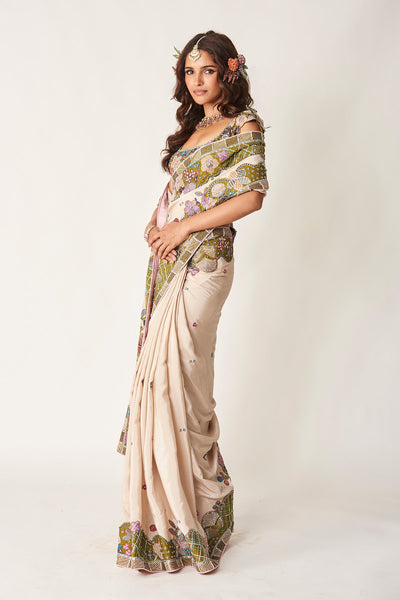 Shinora - Ivory Olive Mulberry Crepe Saree Set-RTS