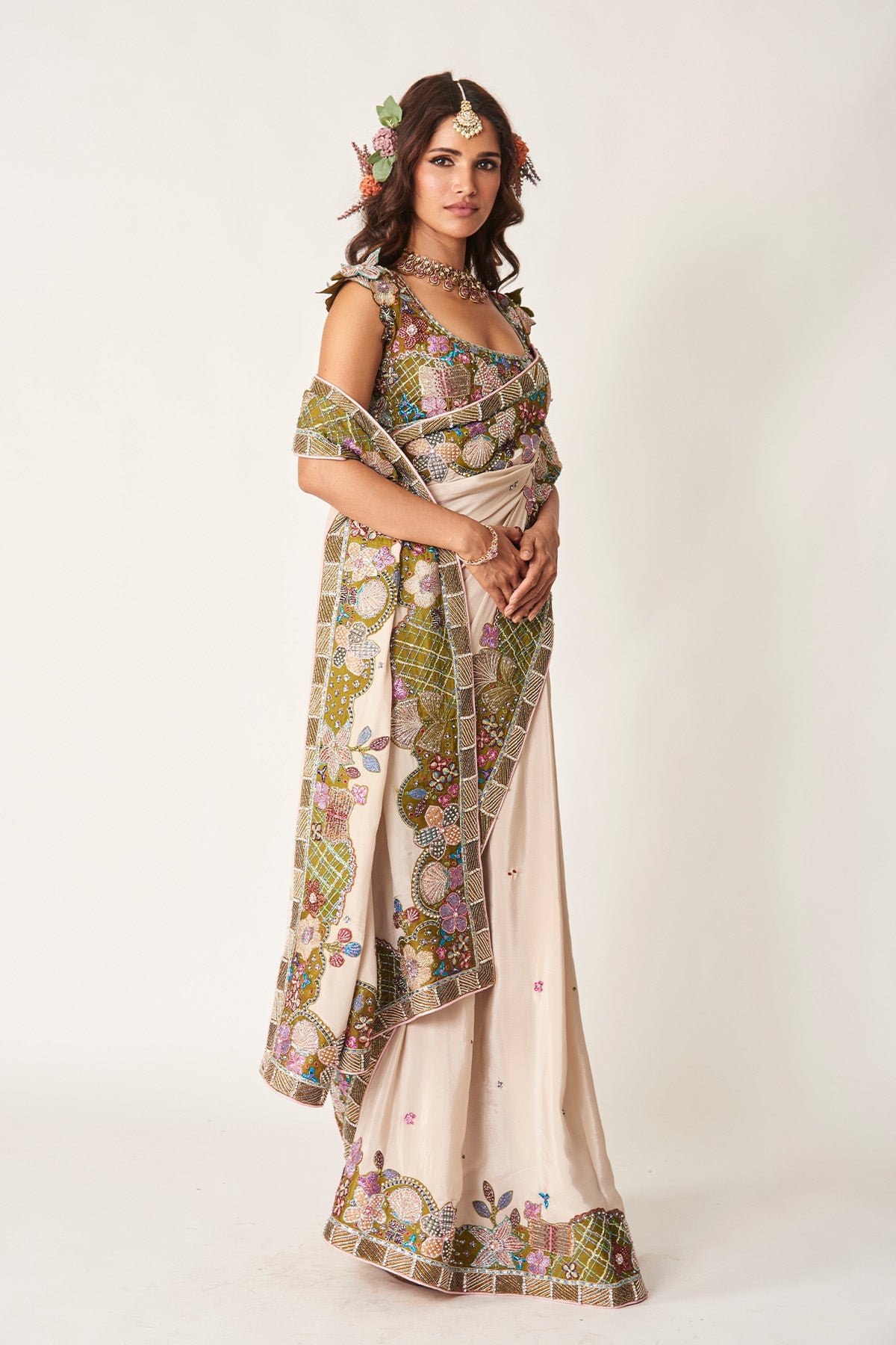 Shinora - Ivory Olive Mulberry Crepe Saree Set-RTS