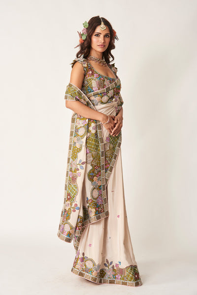 Shinora - Ivory Olive Mulberry Crepe Saree Set-RTS