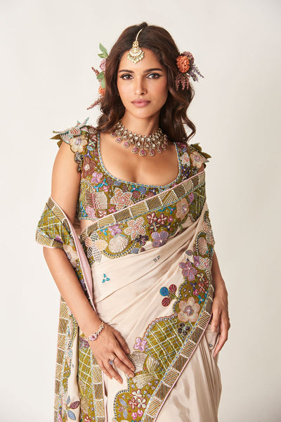 Shinora - Ivory Olive Mulberry Crepe Saree Set-RTS