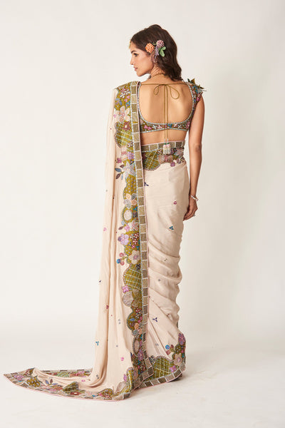 Shinora - Ivory Olive Mulberry Crepe Saree Set-RTS