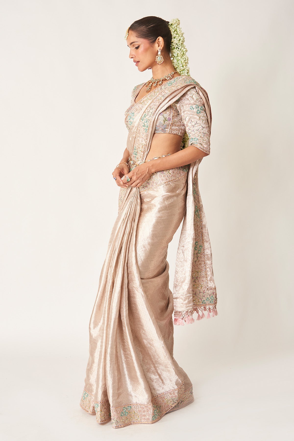 Naira - Rose Champagne Banarasi Tissue Brocade Saree Set-RTS