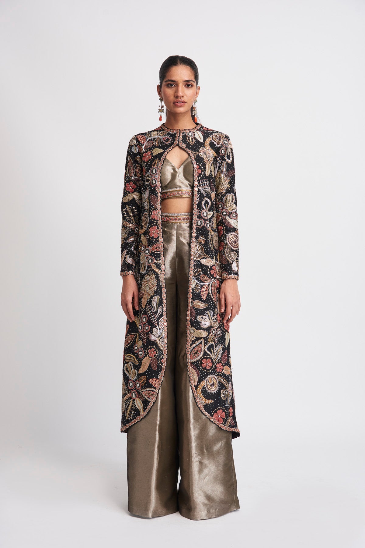 Calf-length Chanderi silk jacket with applique over tissue bustier and pants