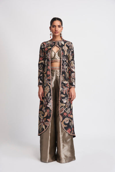 Calf-length Chanderi silk jacket with applique over tissue bustier and pants