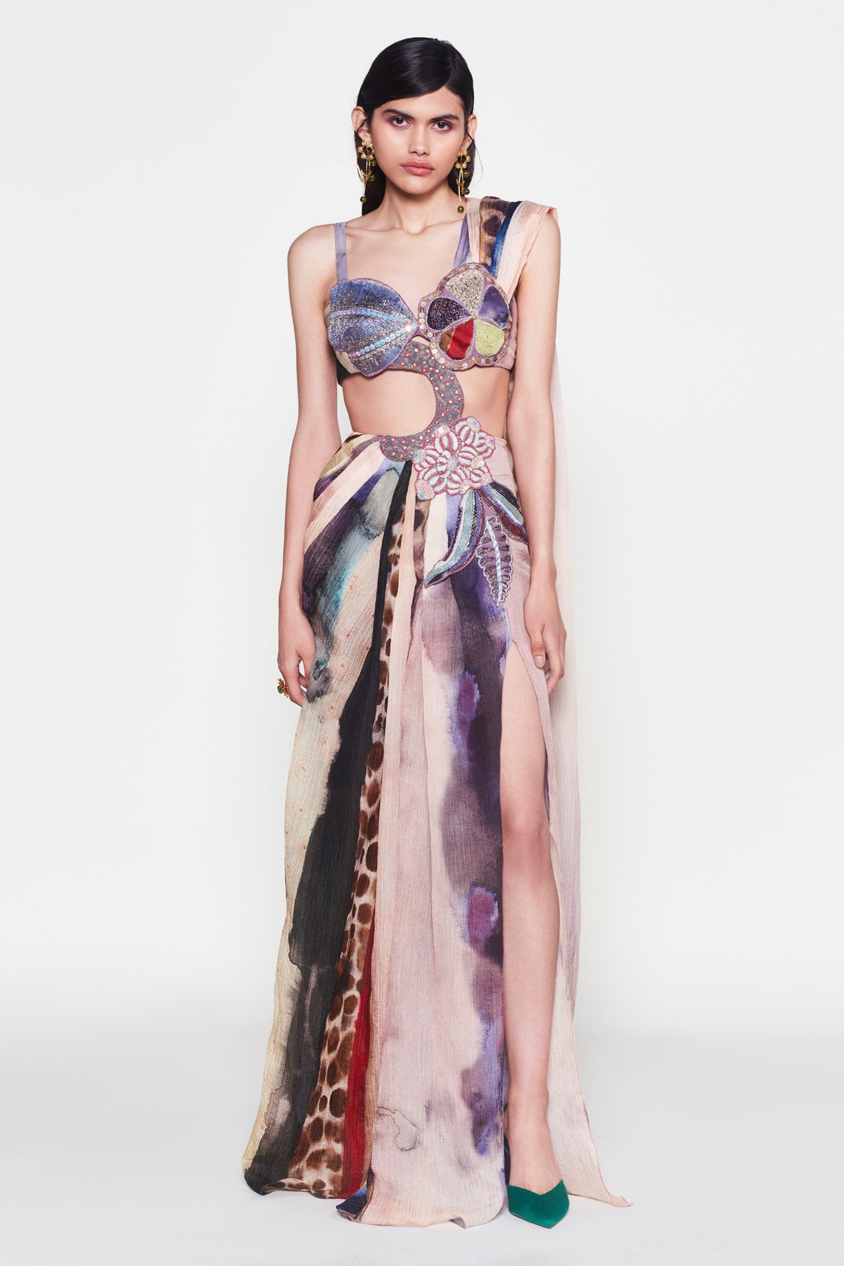Woman wearing Kinfolk mist purple pre-draped cupro saree with blouse