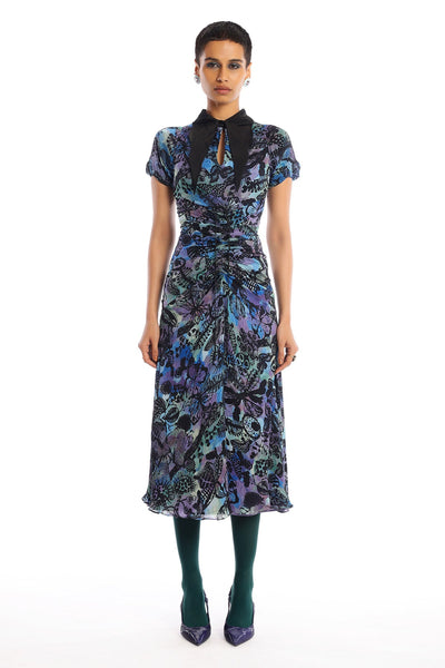Aisha Rao satin chiffon dress in spectrum blue front look