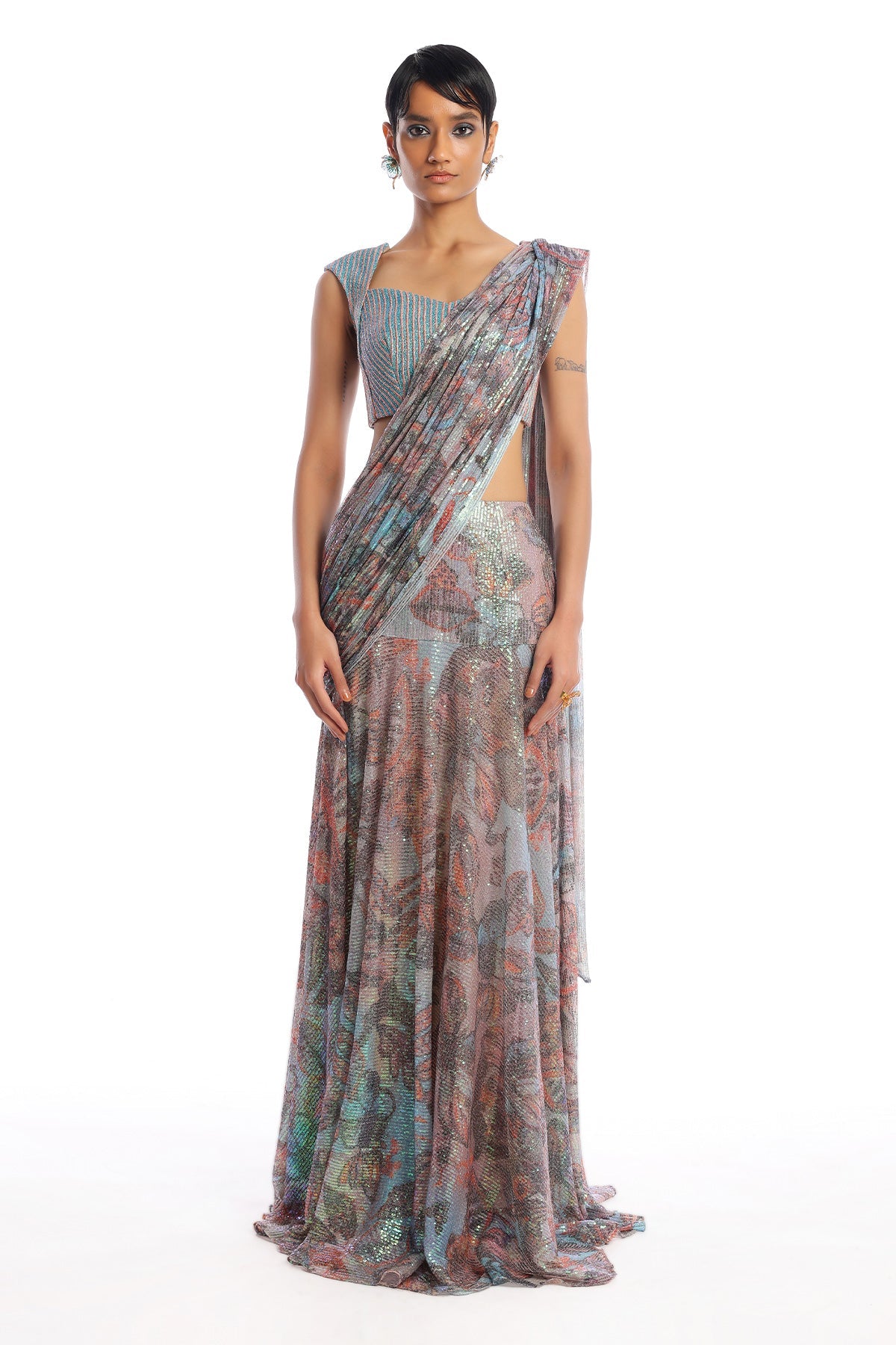 Aisha Rao sequin tulle lehenga saree in misty blue