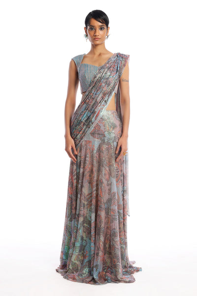 Aisha Rao sequin tulle lehenga saree in misty blue