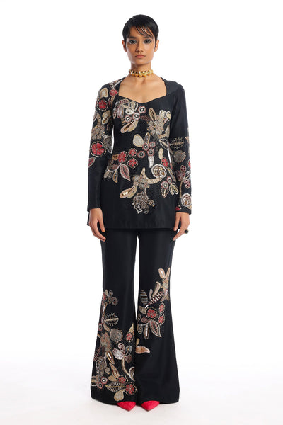 Black chanderi silk tunic pant set front view
