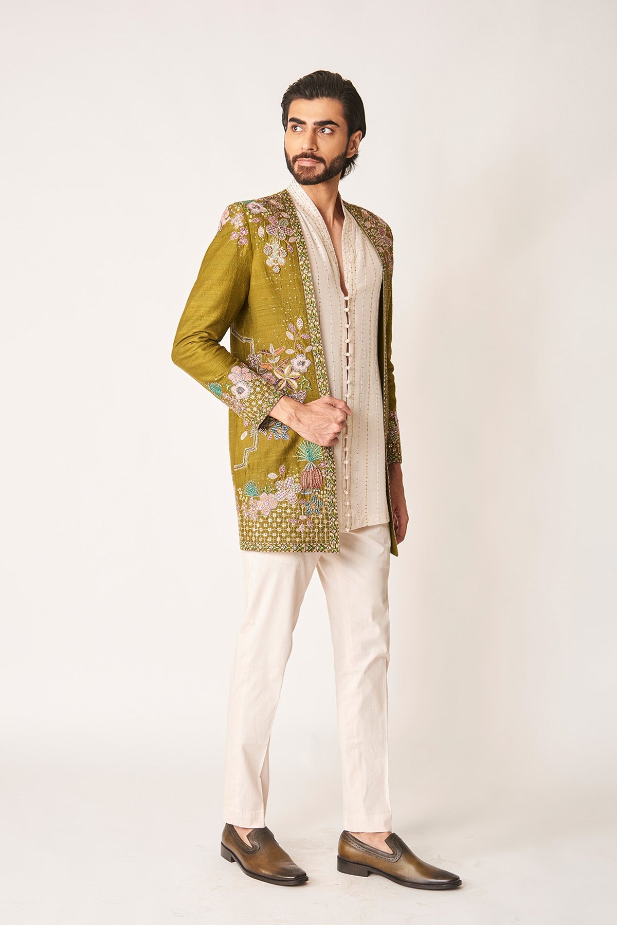Cypres - Olive Dupion Silk Open Jacket Set-RTS