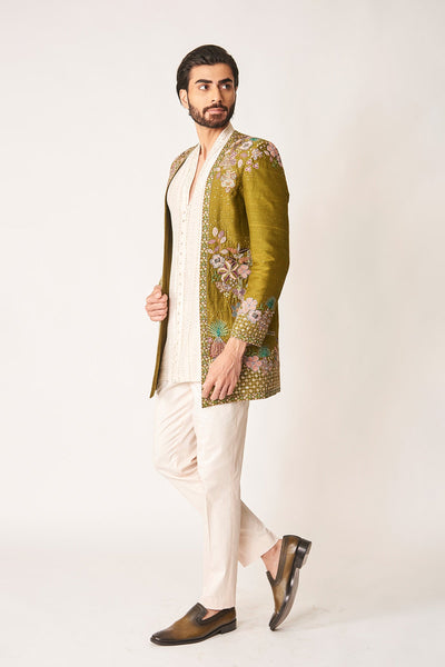 Cypres - Olive Dupion Silk Open Jacket Set-RTS