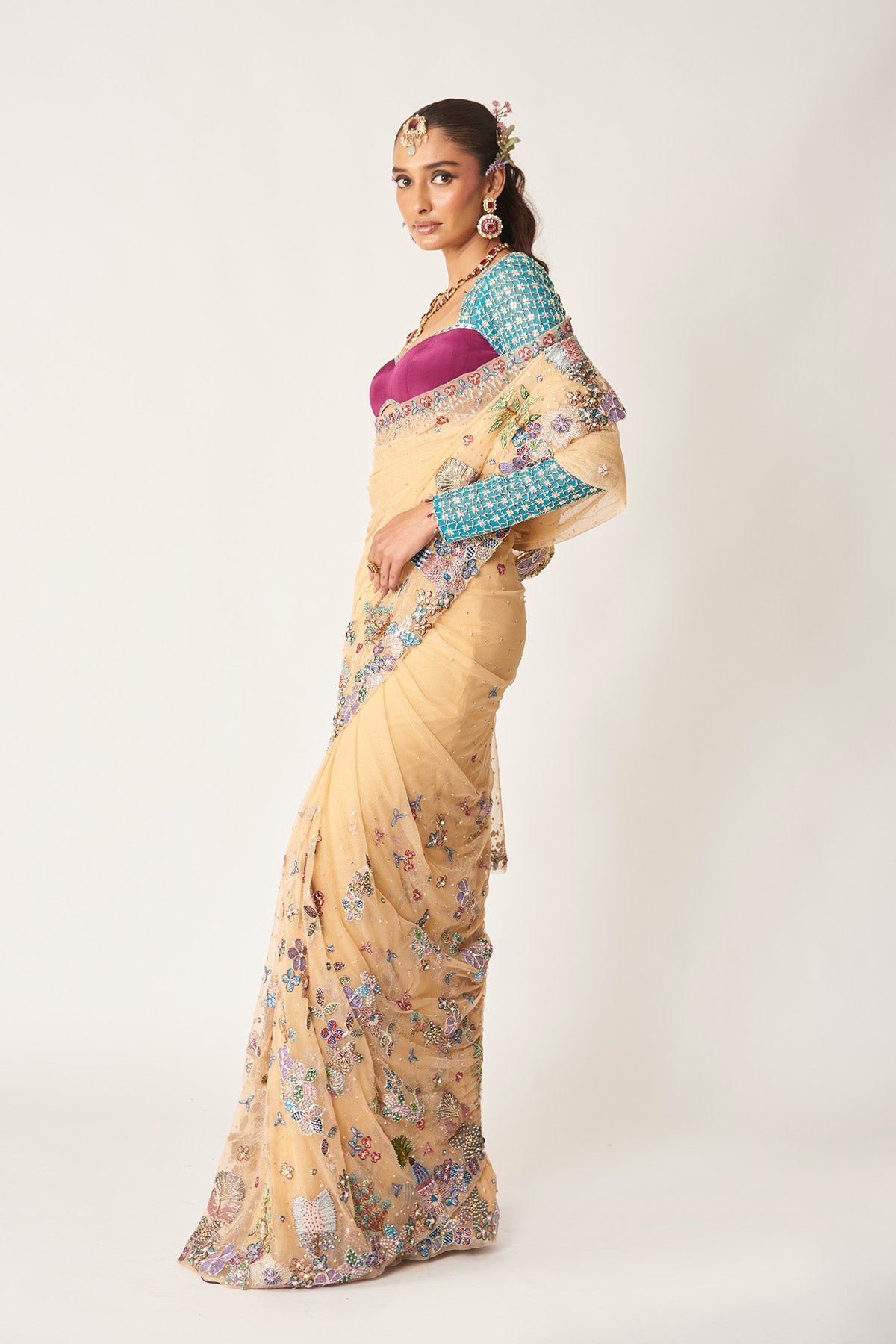 Célia - Bisque Tulle Net Saree Set-RTS
