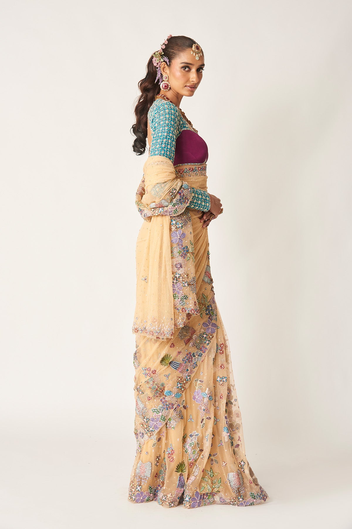 Célia - Bisque Tulle Net Saree Set-RTS