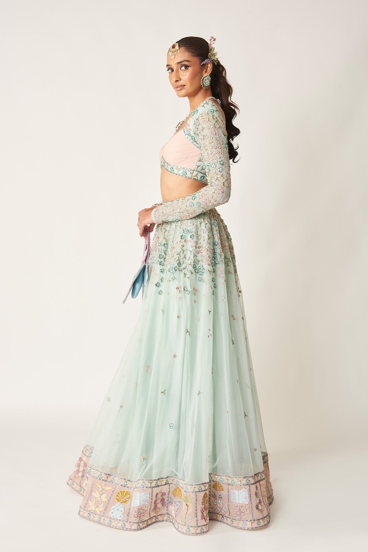 Verlise - Powder Blue Tulle Net Lehenga Set-RTS