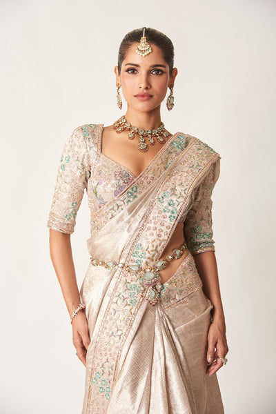 Naira - Rose Champagne Banarasi Tissue Brocade Saree Set-RTS