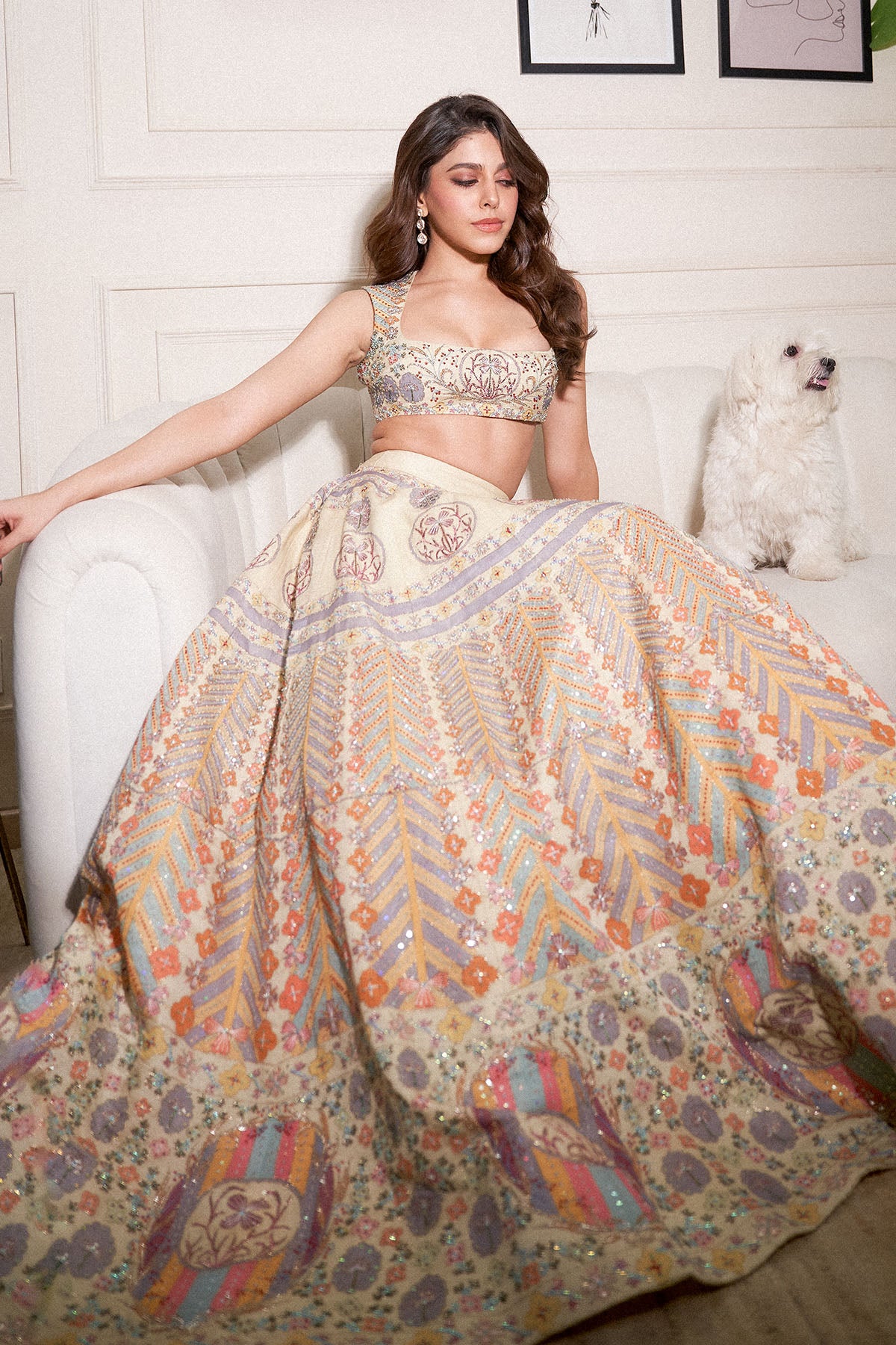 Alaya F wearing beige printed embellished lehenga set by Aisha Rao