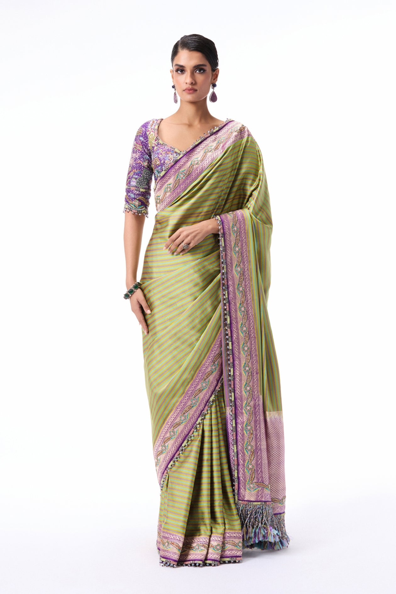 Auraheart - green-purple Banarasi silk saree