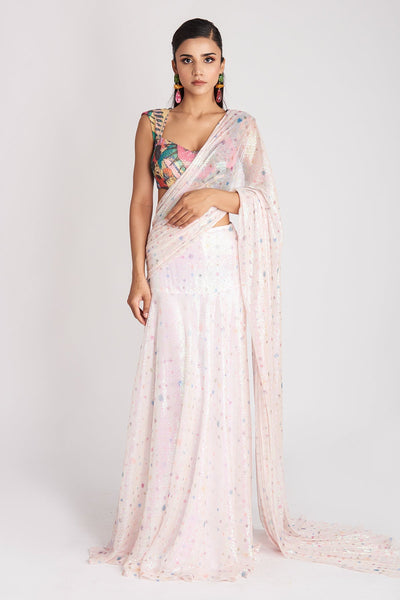 Crystalis - Ivory Sequin Tulle Saree Set-RTS