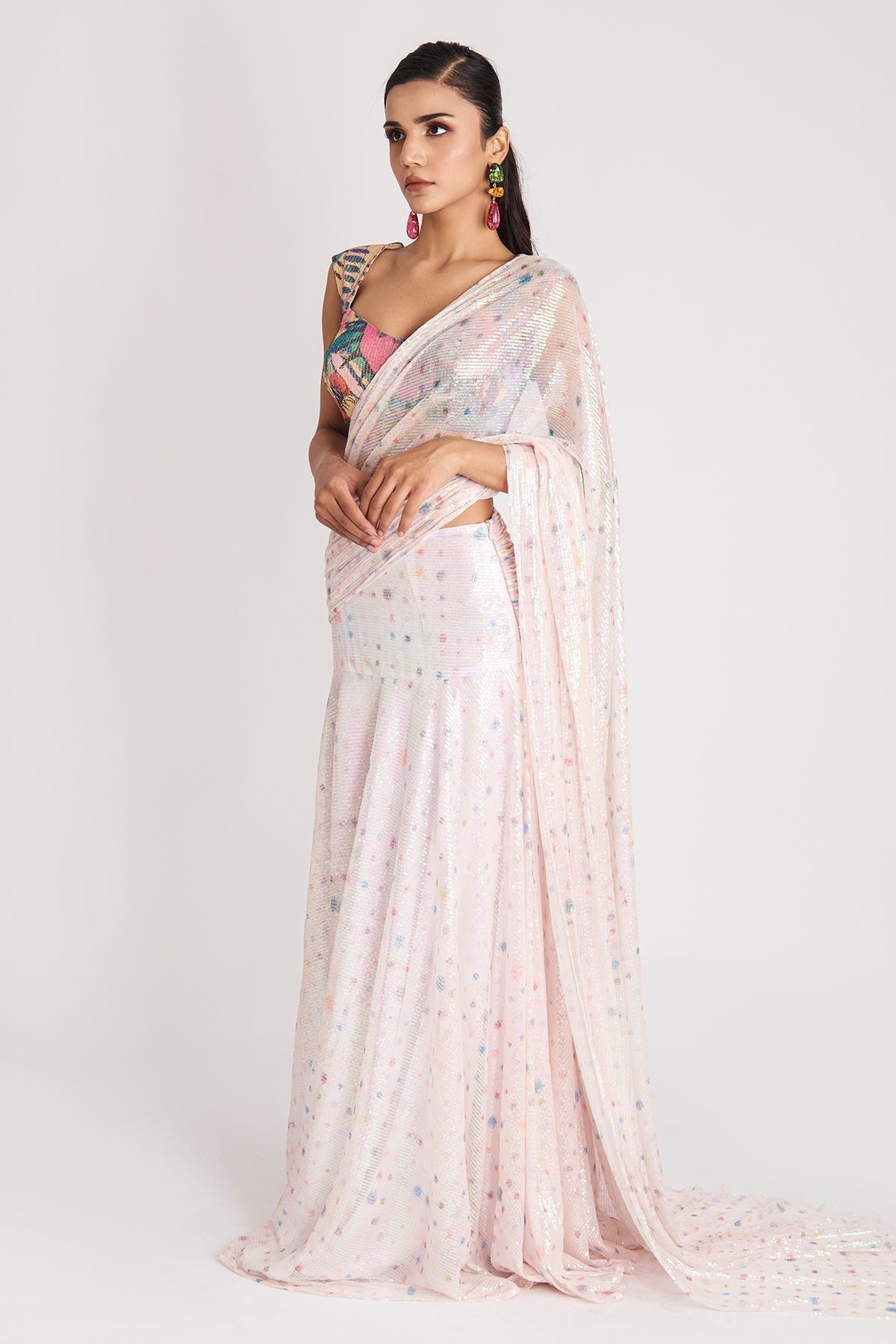 Crystalis - Ivory Sequin Tulle Saree Set-RTS